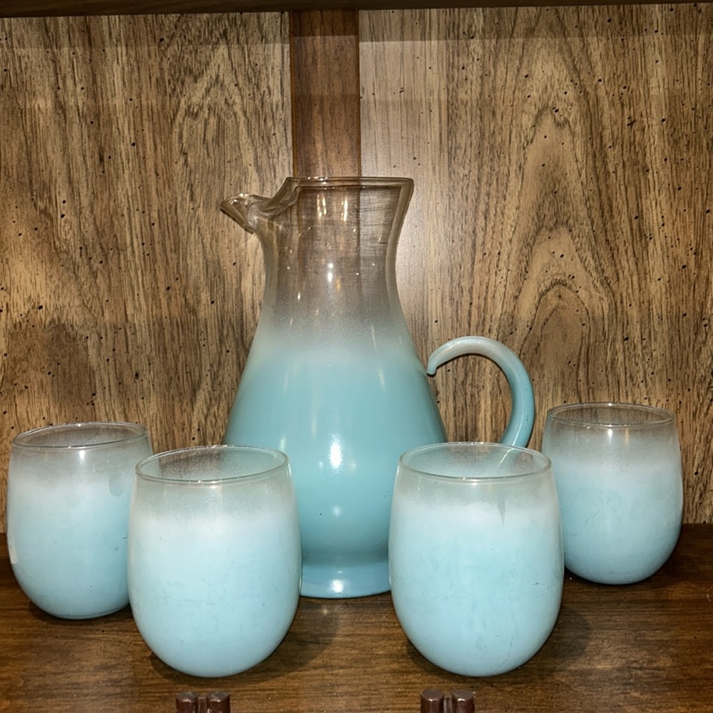 Vtg Blendo Frosted Pitcher & Glasses 5 Pc Set Teal/ Aqua MCM Barware